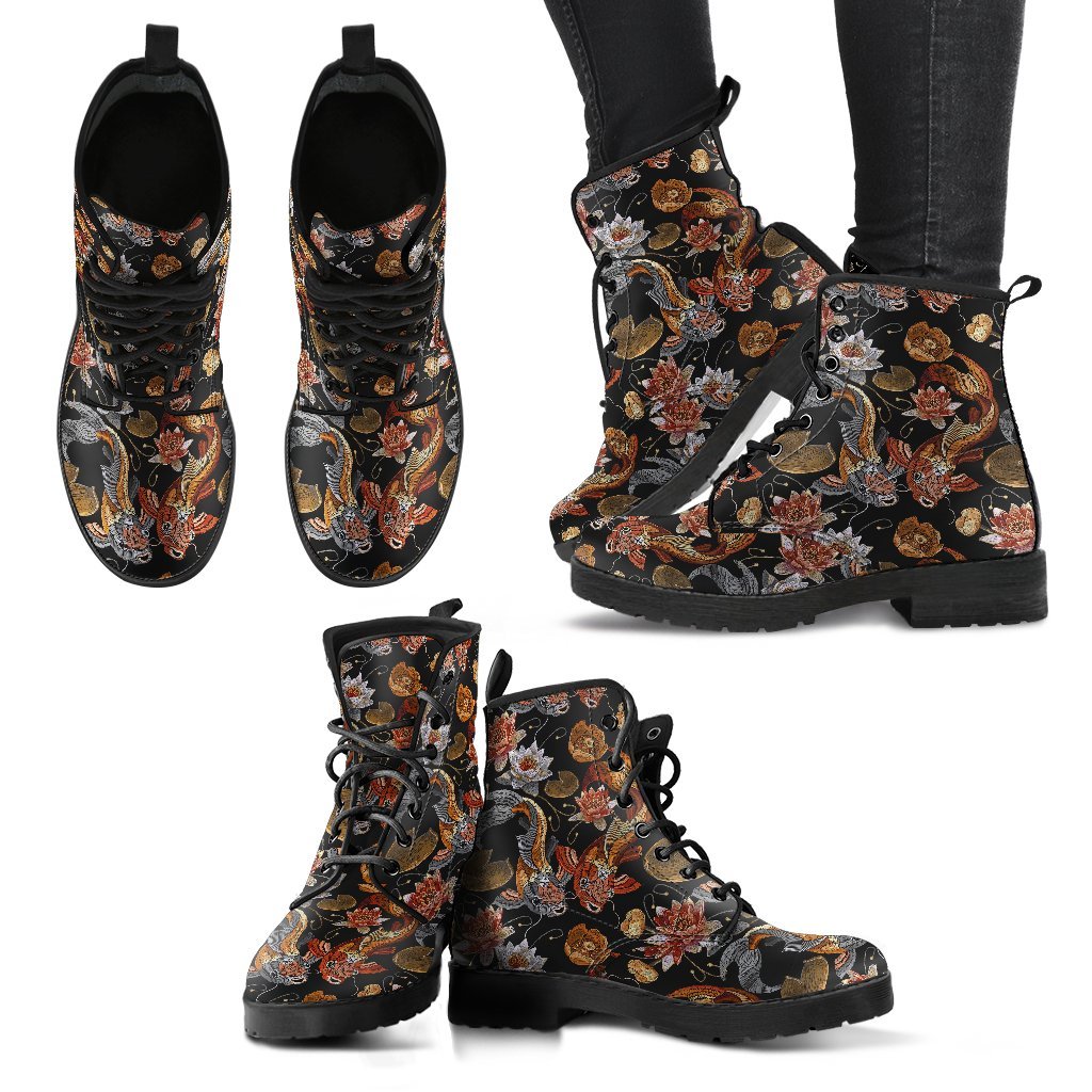 Koi Fish Crochet Lotus Pattern Print Men Women Leather Boots-grizzshop