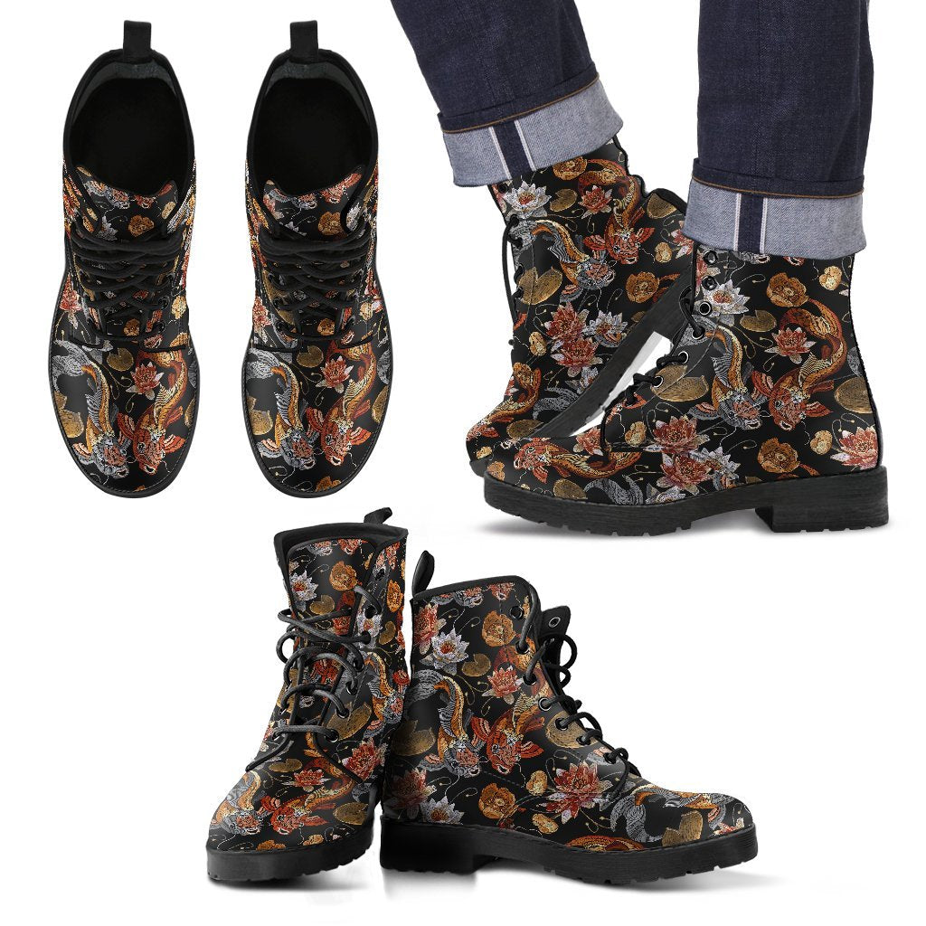 Koi Fish Crochet Lotus Pattern Print Men Women Leather Boots-grizzshop