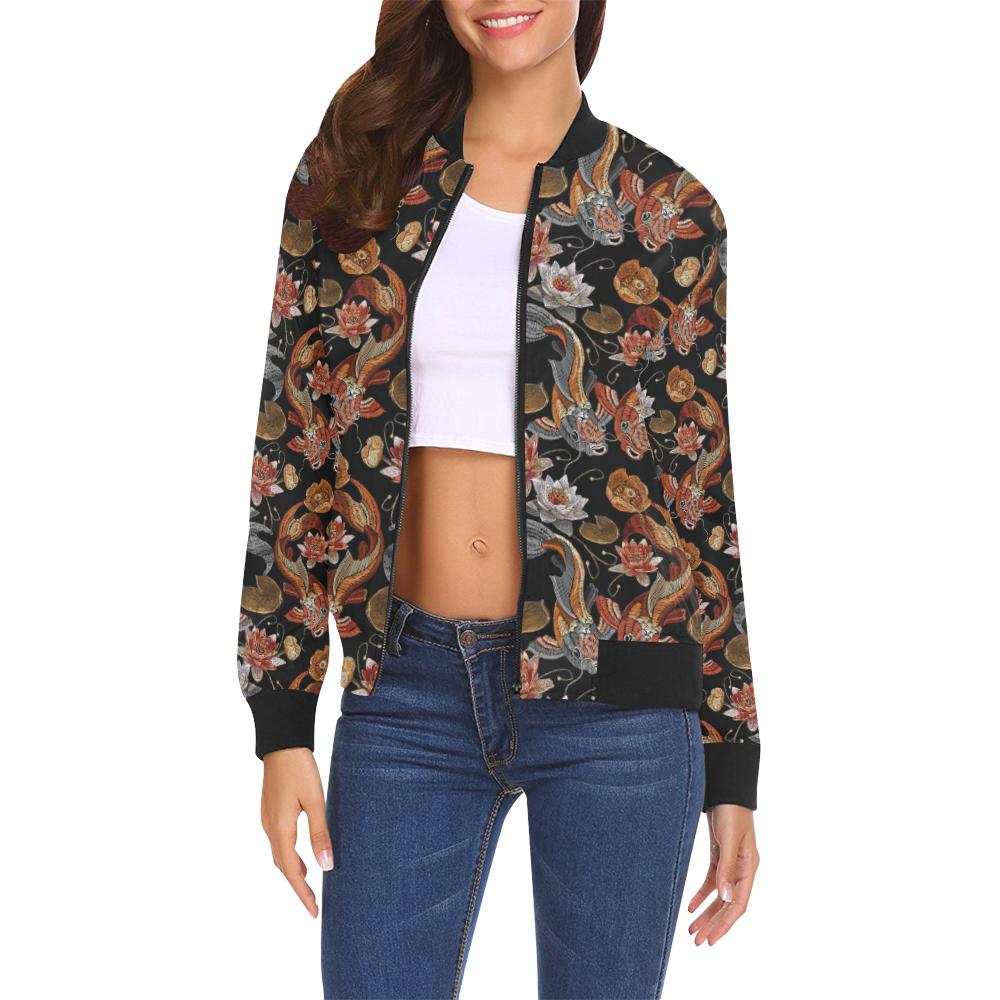 Koi Fish Crochet Lotus Pattern Print Women Casual Bomber Jacket-grizzshop