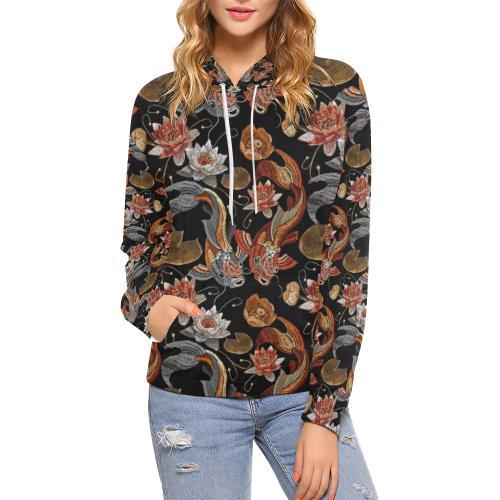 Koi Fish Crochet Lotus Pattern Print Women Pullover Hoodie-grizzshop