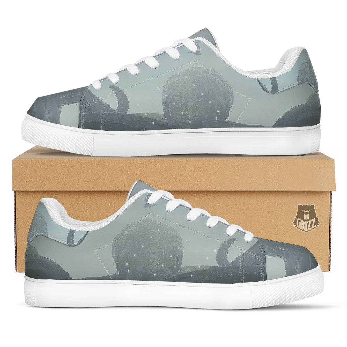Kraken And Girl On Sea Print White Low Top Sneakers-grizzshop