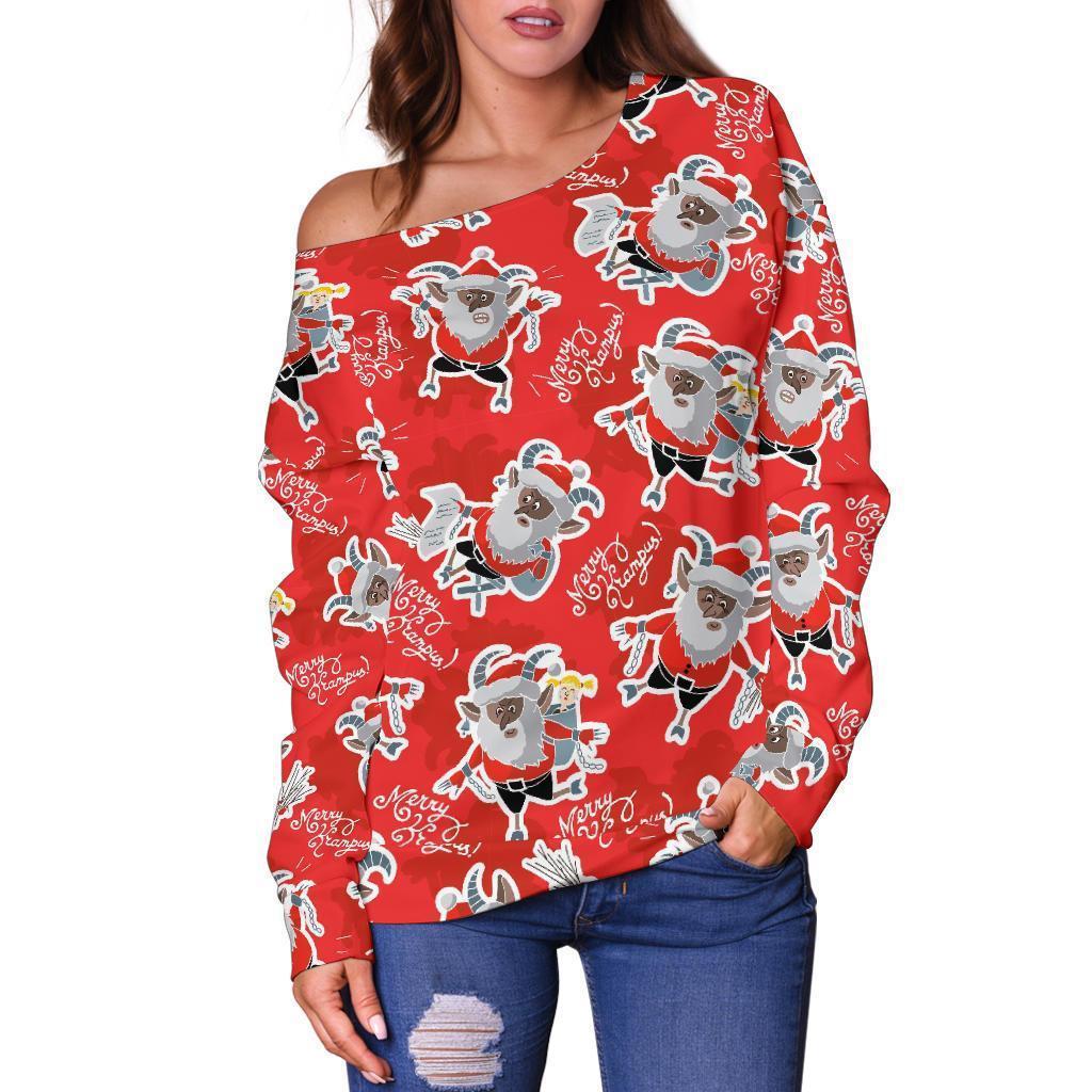 Krampus Christmas Print Pattern Women Off Shoulder Sweatshirt-grizzshop