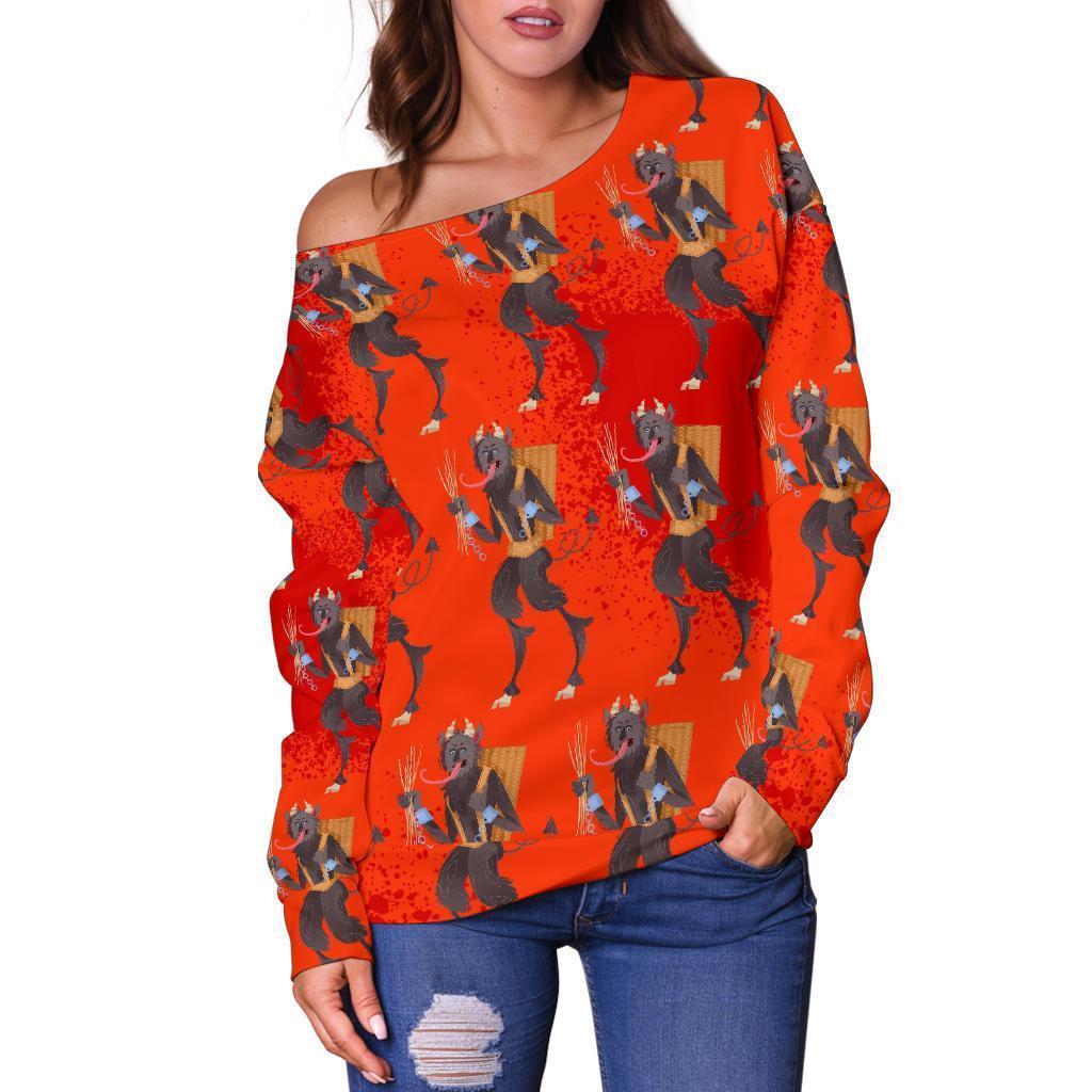 Krampus Pattern Print Women Off Shoulder Sweatshirt-grizzshop