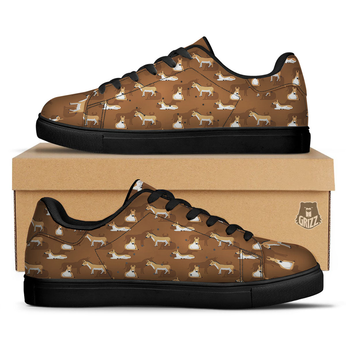 Kulan Donkey Cartoon Print Pattern Black Low Top Sneakers-grizzshop