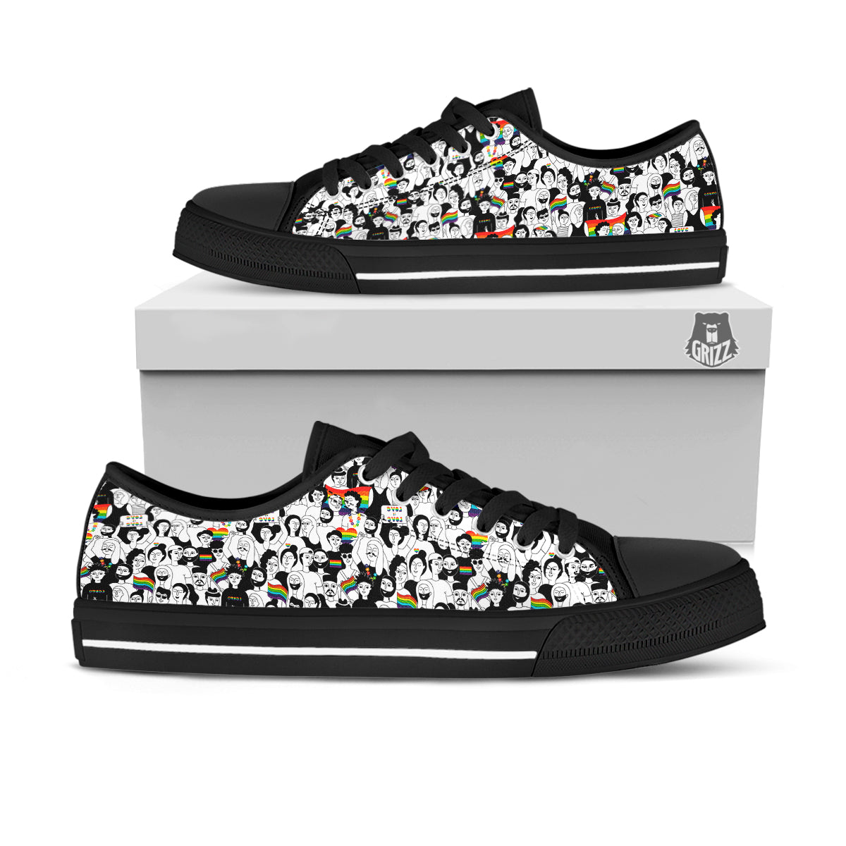 LGBT Doodle Pride Parade Print Pattern Black Low Top Shoes-grizzshop