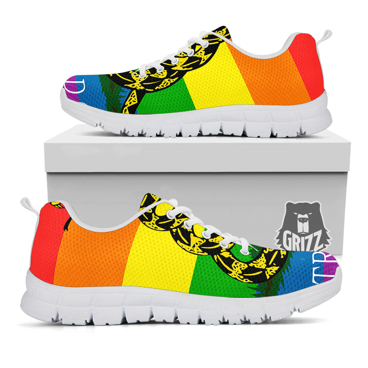 LGBT Gadsden Rainbow Flag Print White Sneaker-grizzshop