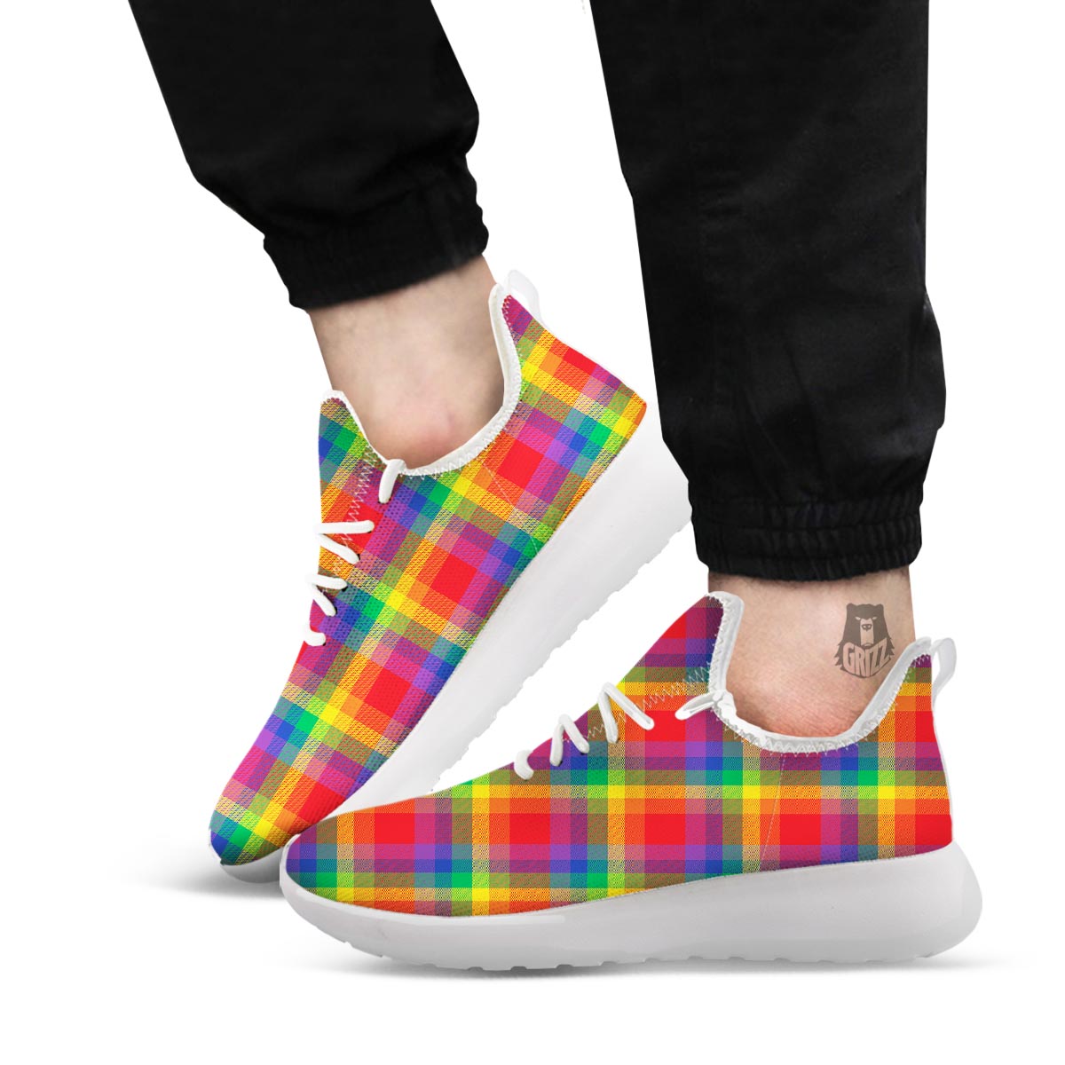 LGBT Plaid Rainbow Print Pattern White Athletic Shoes-grizzshop