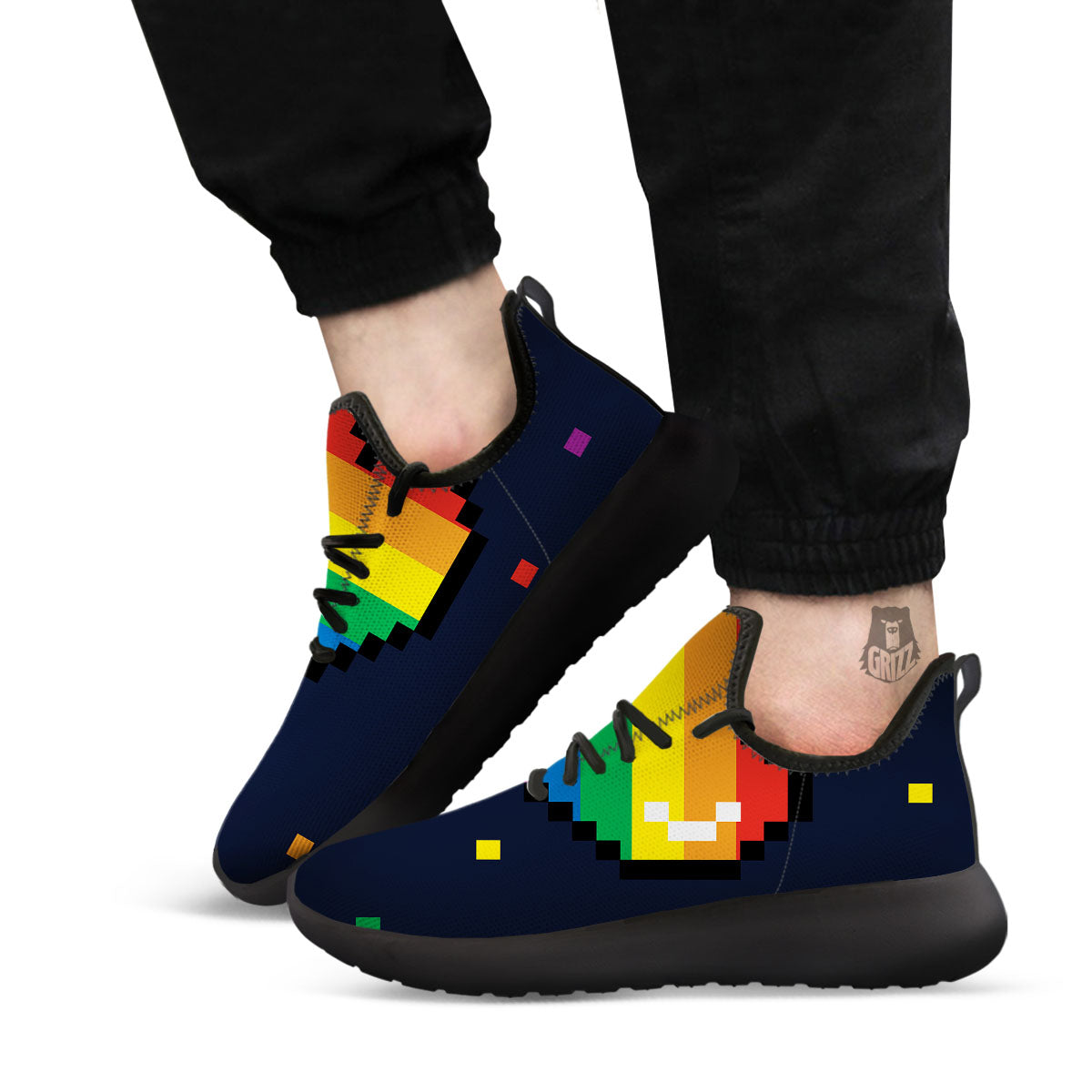 LGBT Pride 8 Bit Rainbow Pixel Heart Black Athletic Shoes-grizzshop