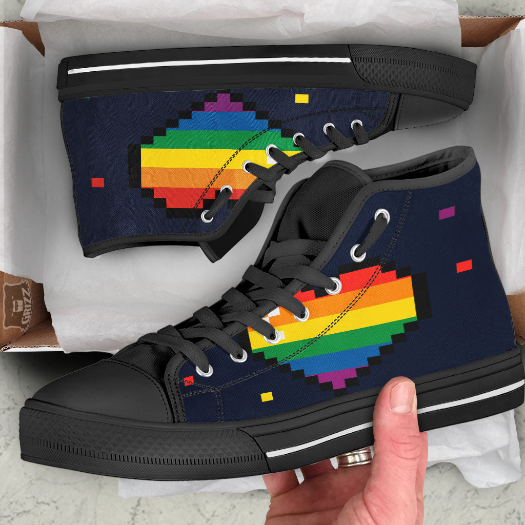 LGBT Pride 8 Bit Rainbow Pixel Heart Black High Top Shoes-grizzshop