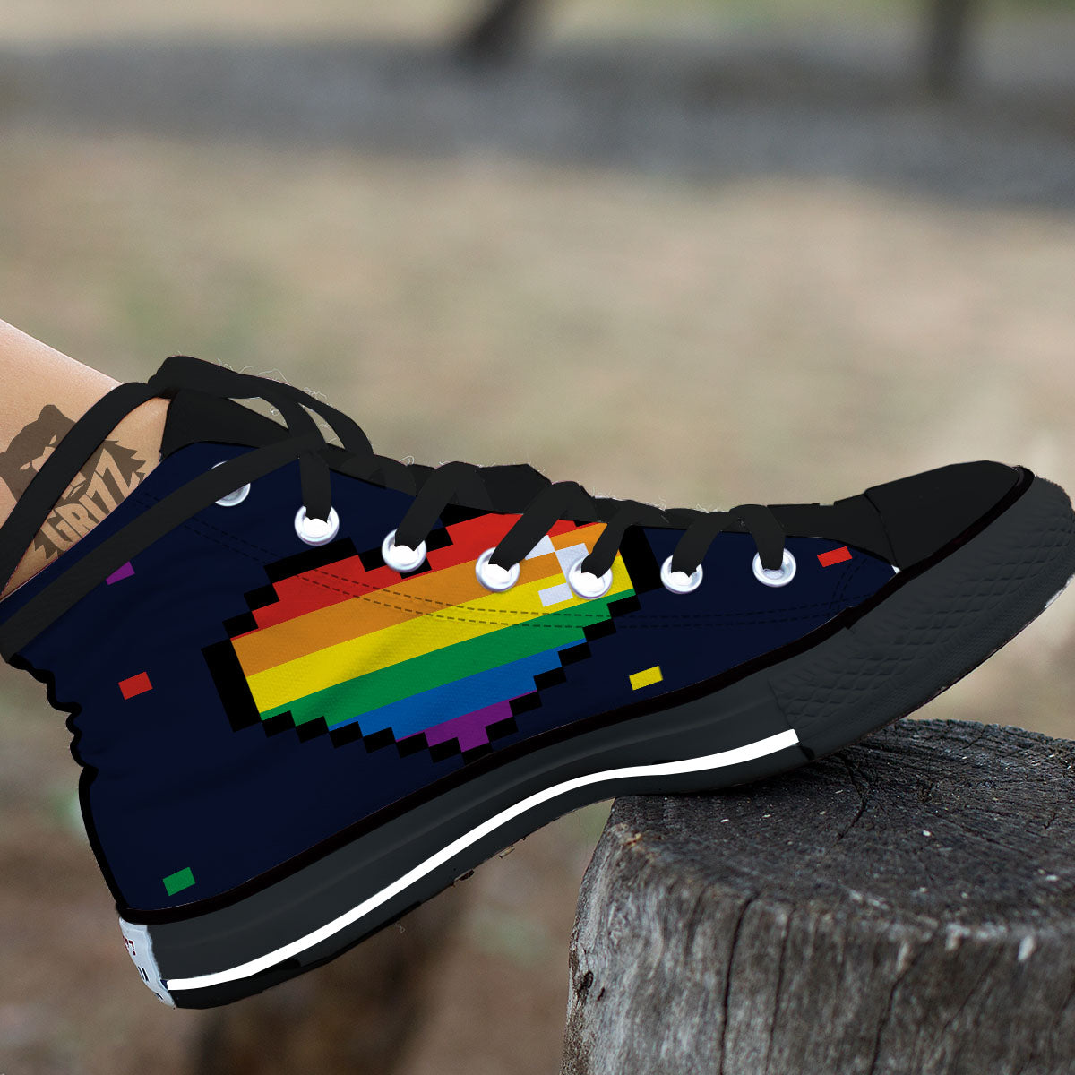 LGBT Pride 8 Bit Rainbow Pixel Heart Black High Top Shoes-grizzshop