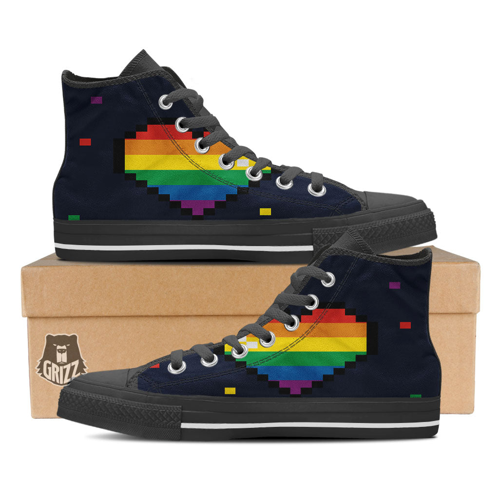 LGBT Pride 8 Bit Rainbow Pixel Heart Black High Top Shoes-grizzshop