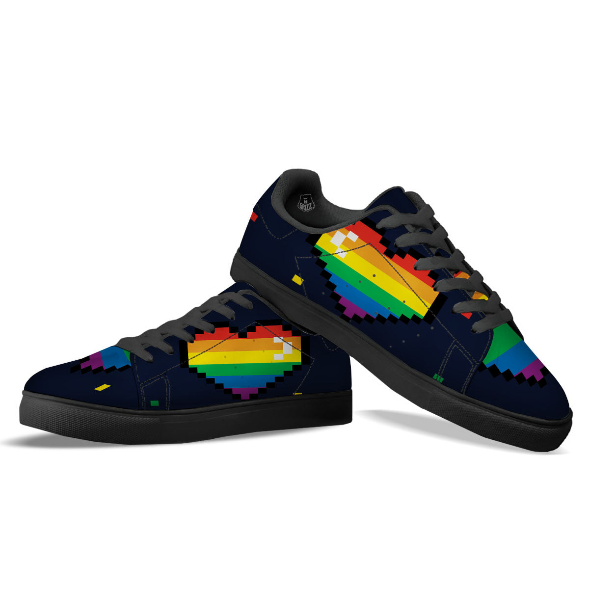 LGBT Pride 8 Bit Rainbow Pixel Heart Black Low Top Sneakers-grizzshop