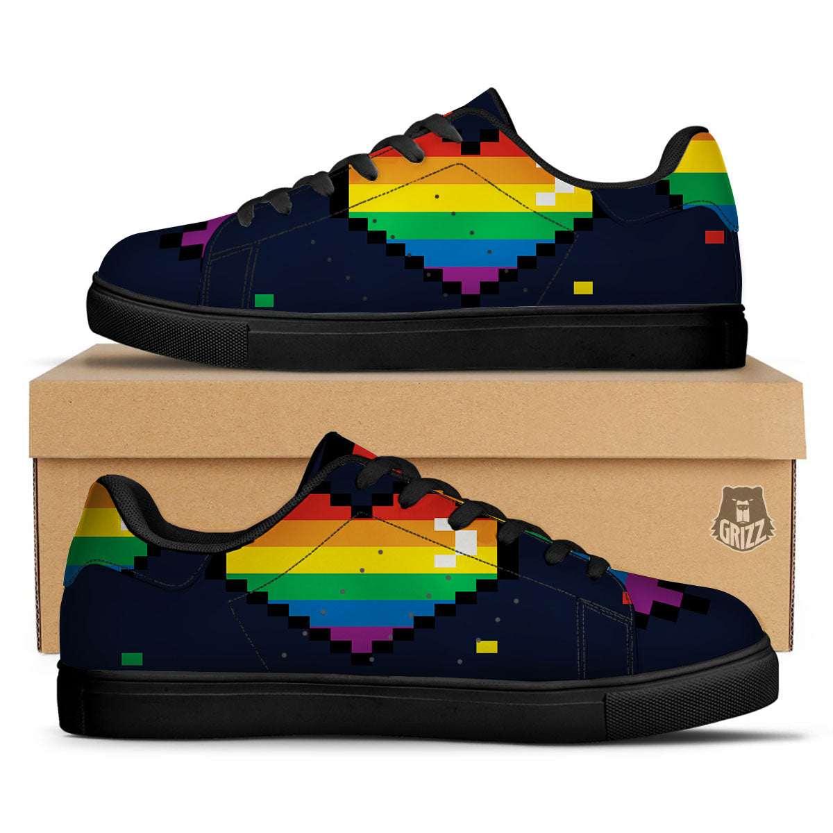 LGBT Pride 8 Bit Rainbow Pixel Heart Black Low Top Sneakers-grizzshop