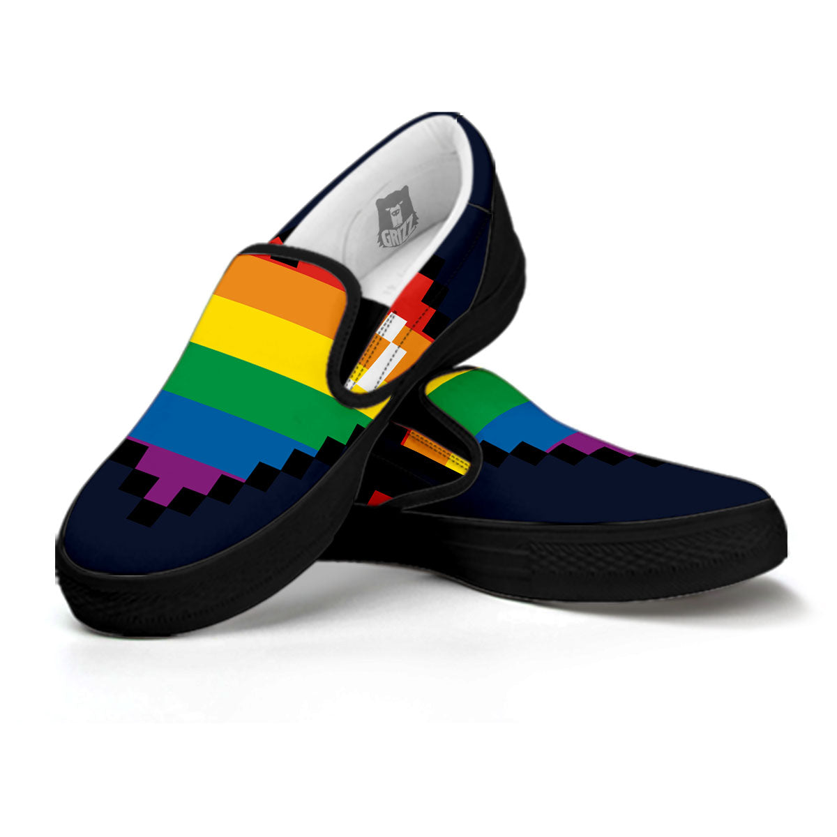 LGBT Pride 8 Bit Rainbow Pixel Heart Black Slip On Shoes-grizzshop