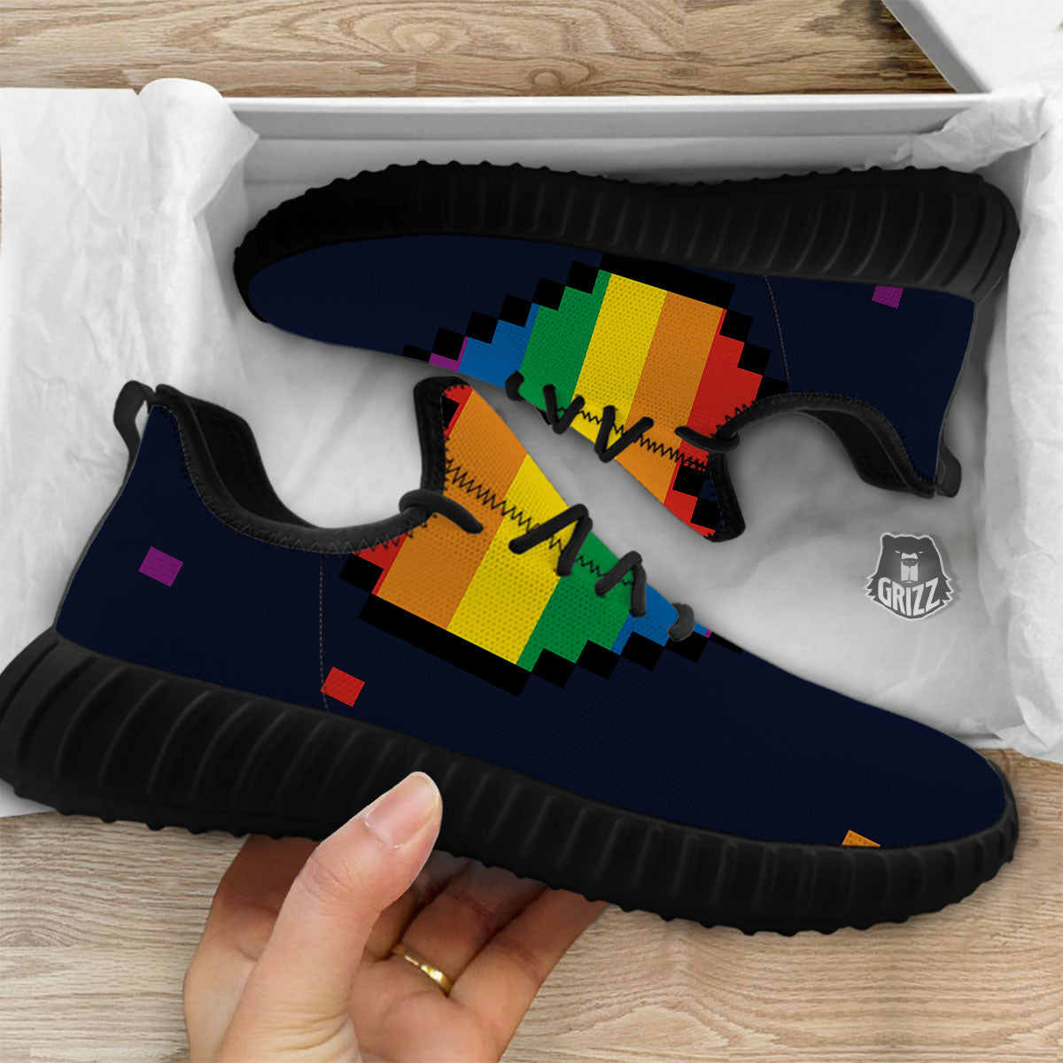 LGBT Pride 8 Bit Rainbow Pixel Heart Black Walking Shoes-grizzshop