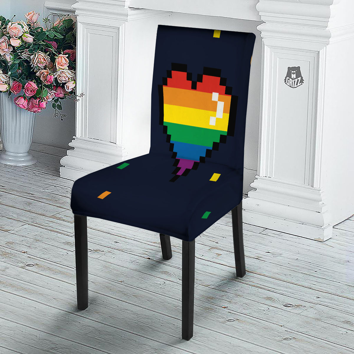 LGBT Pride 8 Bit Rainbow Pixel Heart Dining Chair Slipcover-grizzshop