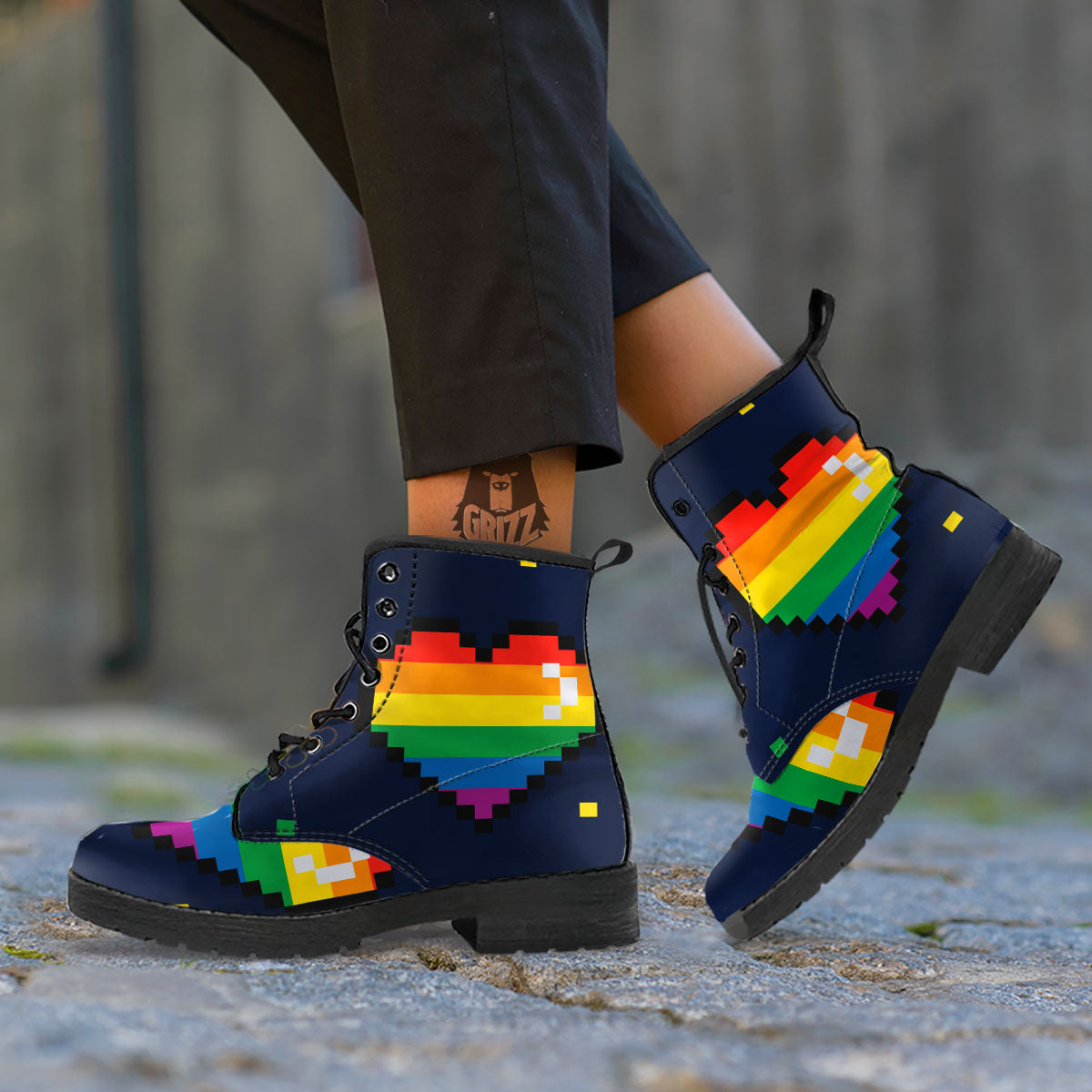 LGBT Pride 8 Bit Rainbow Pixel Heart Leather Boots-grizzshop