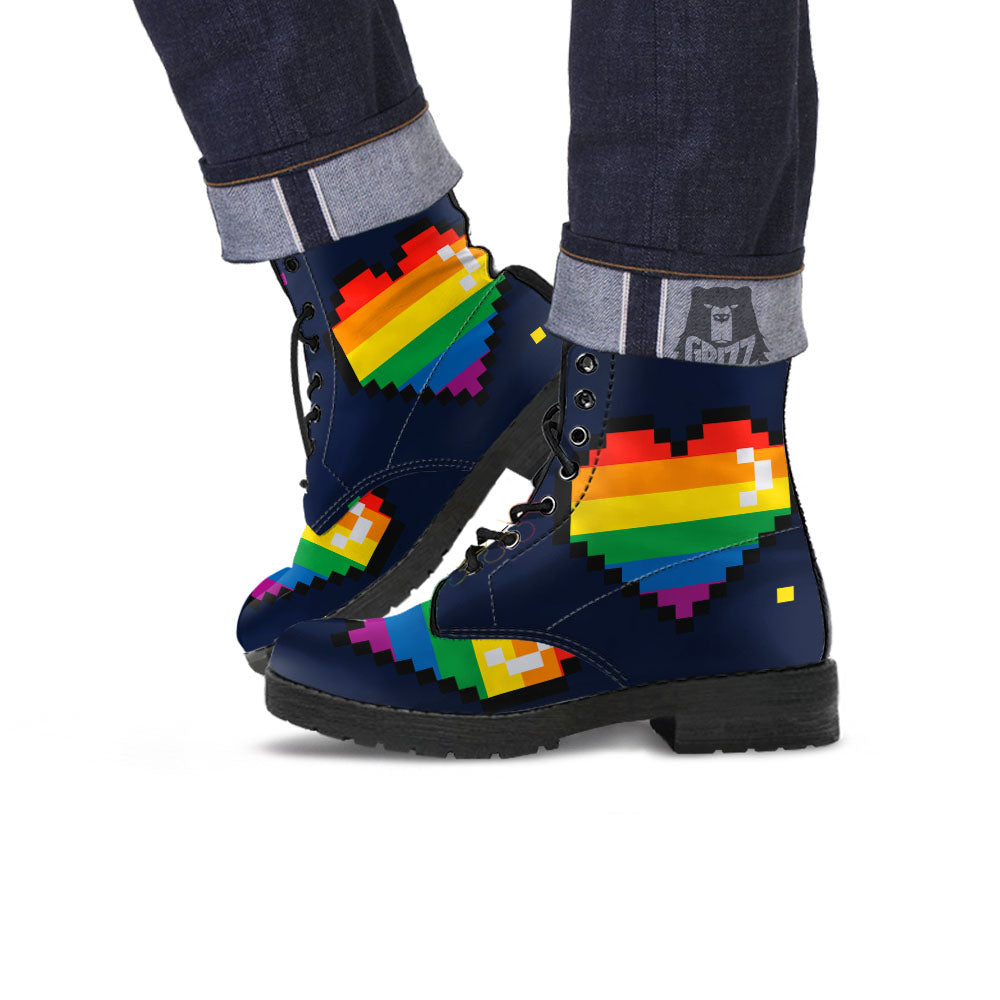 LGBT Pride 8 Bit Rainbow Pixel Heart Leather Boots-grizzshop