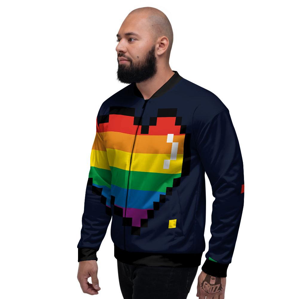 LGBT Pride 8 Bit Rainbow Pixel Heart Men's Bomber Jacket-grizzshop
