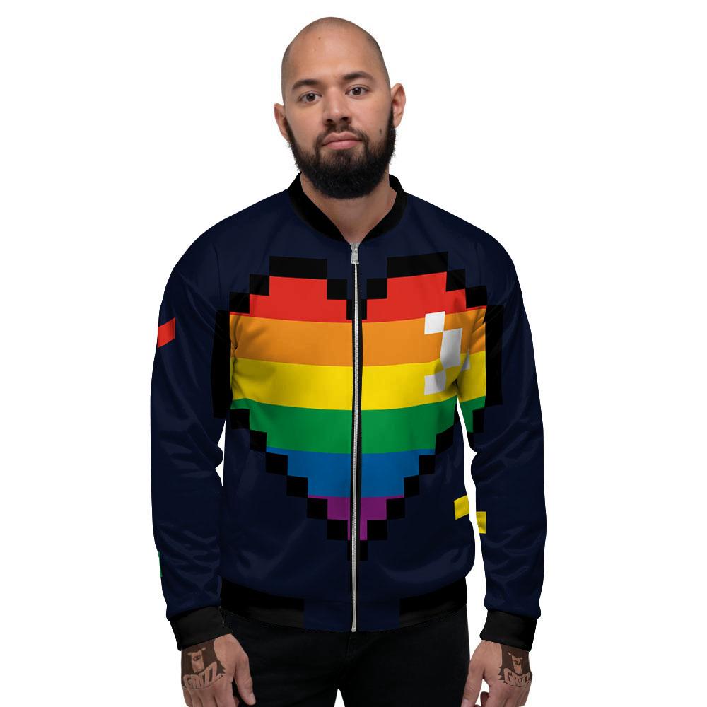 LGBT Pride 8 Bit Rainbow Pixel Heart Men's Bomber Jacket-grizzshop