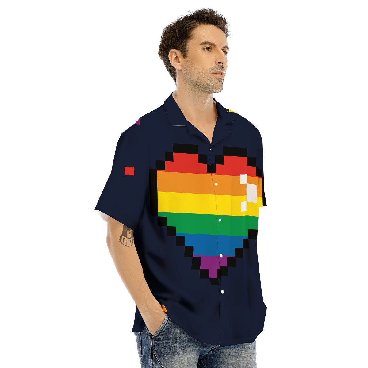 LGBT Pride 8 Bit Rainbow Pixel Heart Men's Hawaiian Shirt-grizzshop