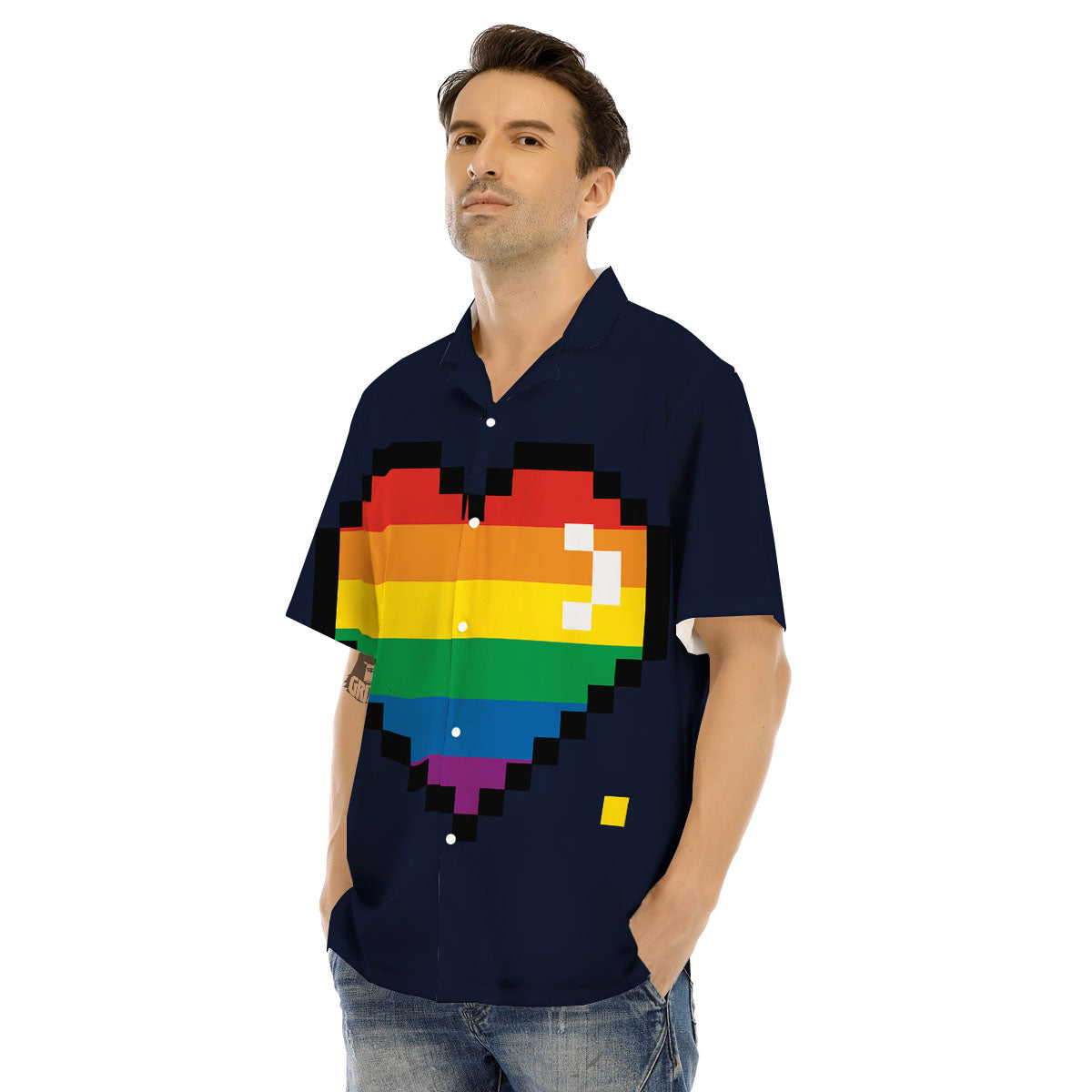 LGBT Pride 8 Bit Rainbow Pixel Heart Men's Hawaiian Shirt-grizzshop