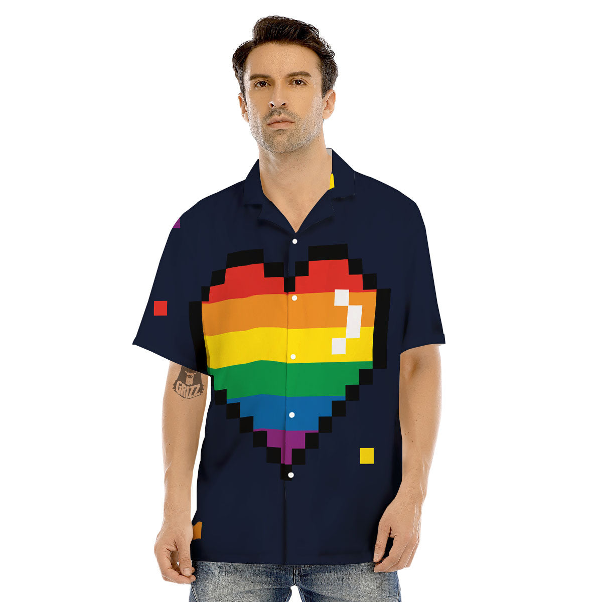 LGBT Pride 8 Bit Rainbow Pixel Heart Men's Hawaiian Shirt-grizzshop