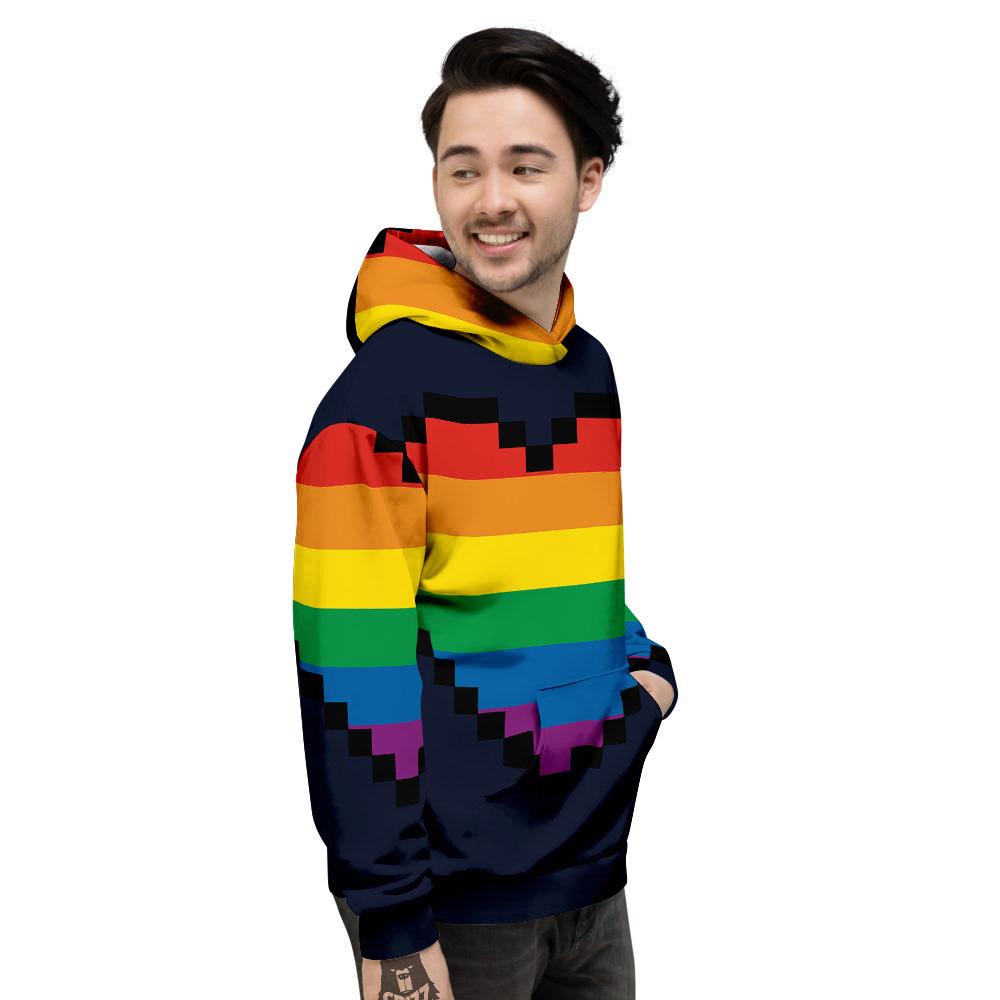 LGBT Pride 8 Bit Rainbow Pixel Heart Men's Hoodie-grizzshop