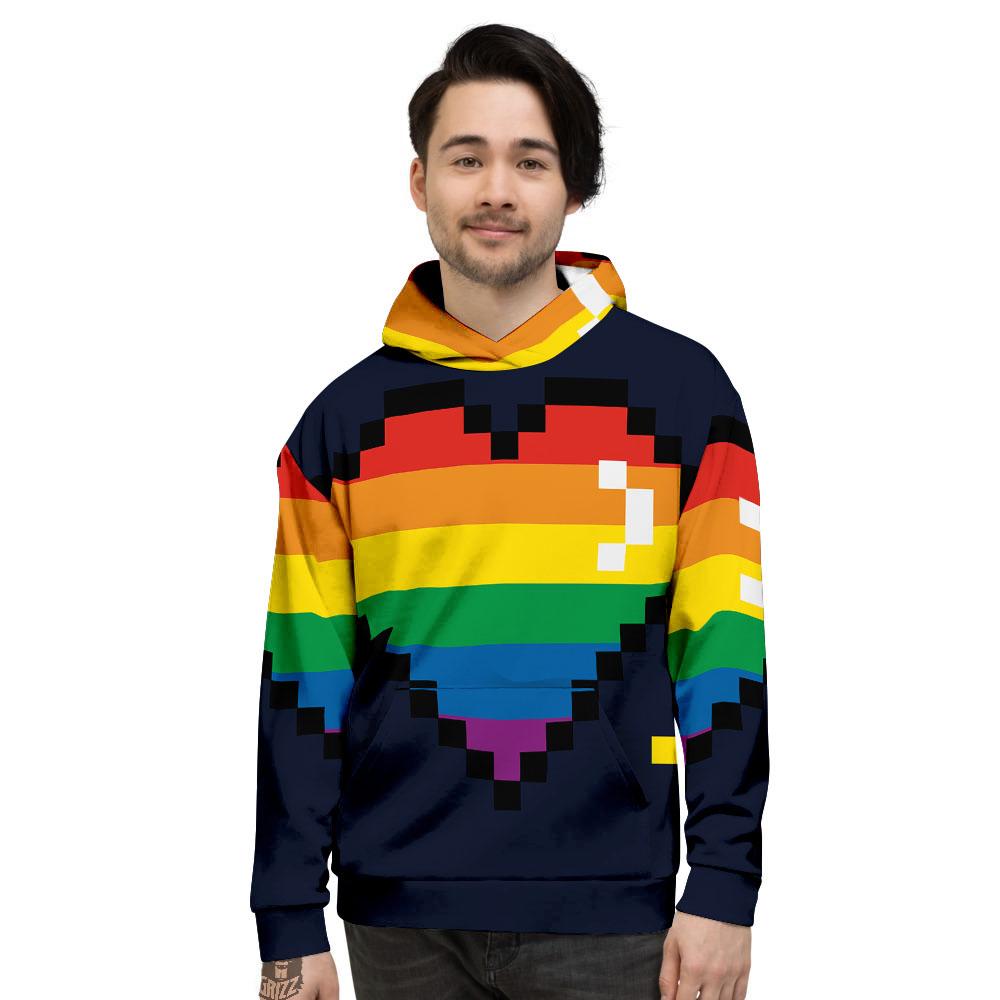 LGBT Pride 8 Bit Rainbow Pixel Heart Men's Hoodie-grizzshop