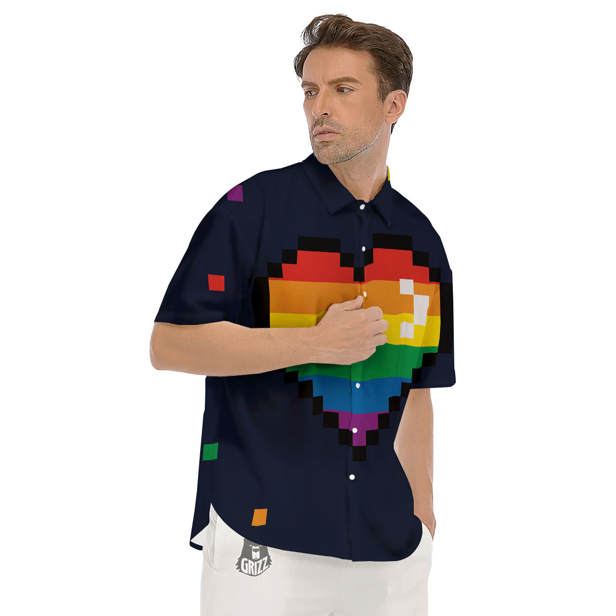 LGBT Pride 8 Bit Rainbow Pixel Heart Men's Short Sleeve Shirts-grizzshop