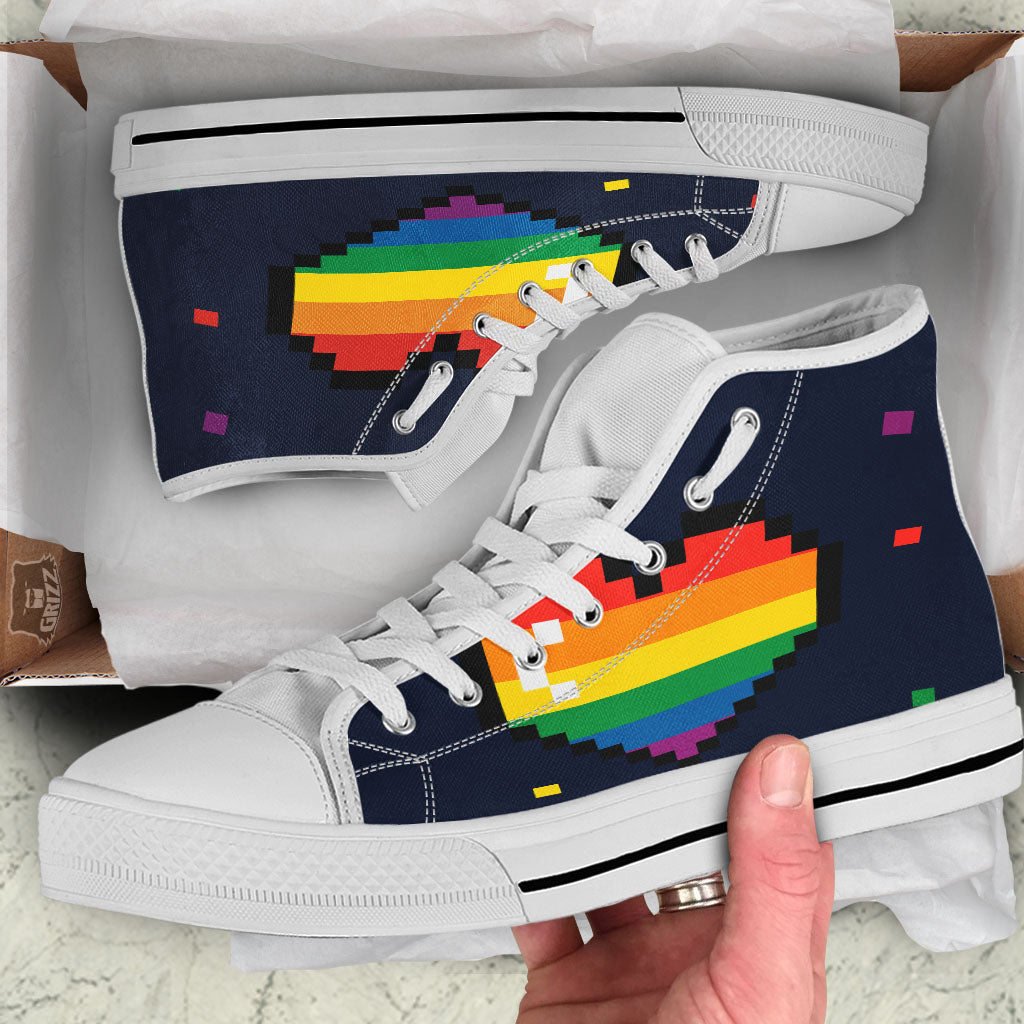 LGBT Pride 8 Bit Rainbow Pixel Heart White High Top Shoes-grizzshop