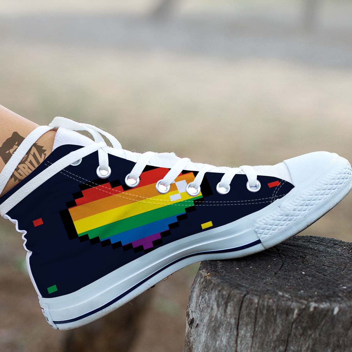 LGBT Pride 8 Bit Rainbow Pixel Heart White High Top Shoes-grizzshop