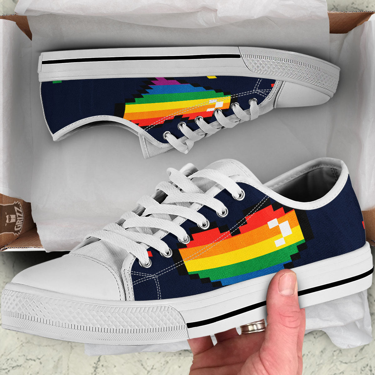 LGBT Pride 8 Bit Rainbow Pixel Heart White Low Top Shoes-grizzshop