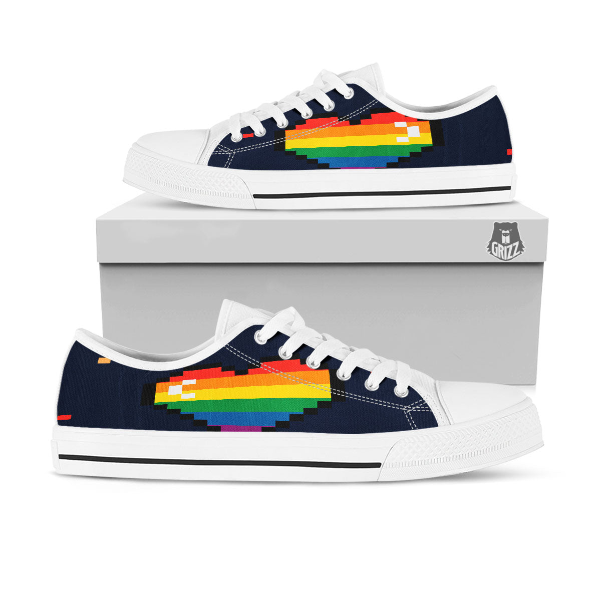 LGBT Pride 8 Bit Rainbow Pixel Heart White Low Top Shoes-grizzshop