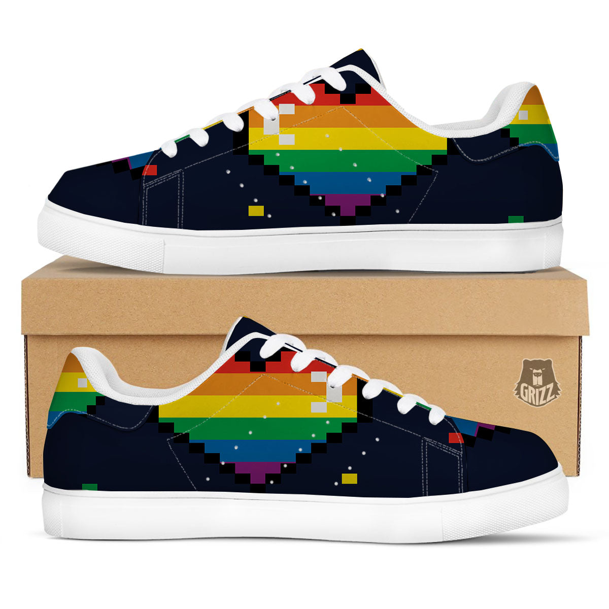 LGBT Pride 8 Bit Rainbow Pixel Heart White Low Top Sneakers-grizzshop