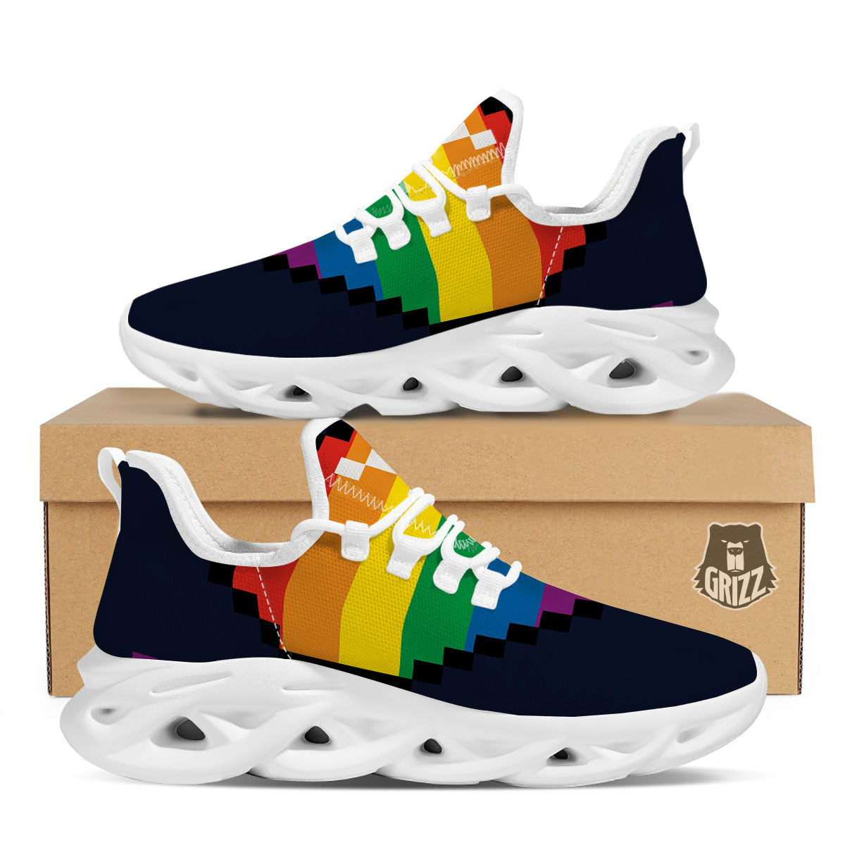 LGBT Pride 8 Bit Rainbow Pixel Heart White Running Shoes-grizzshop
