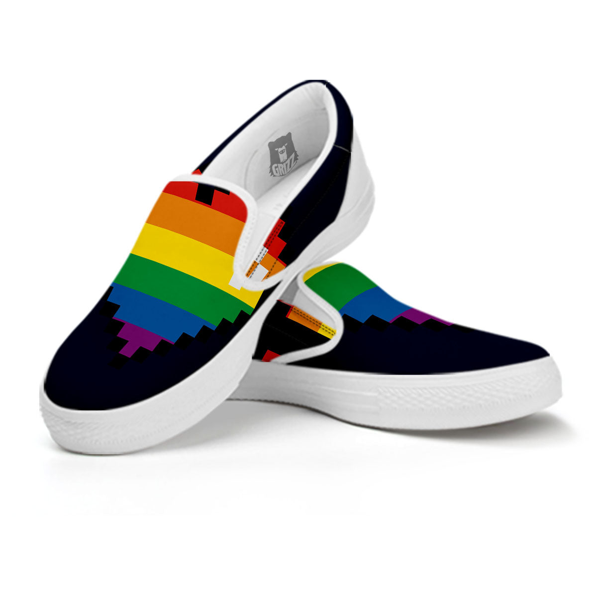 LGBT Pride 8 Bit Rainbow Pixel Heart White Slip On Shoes-grizzshop