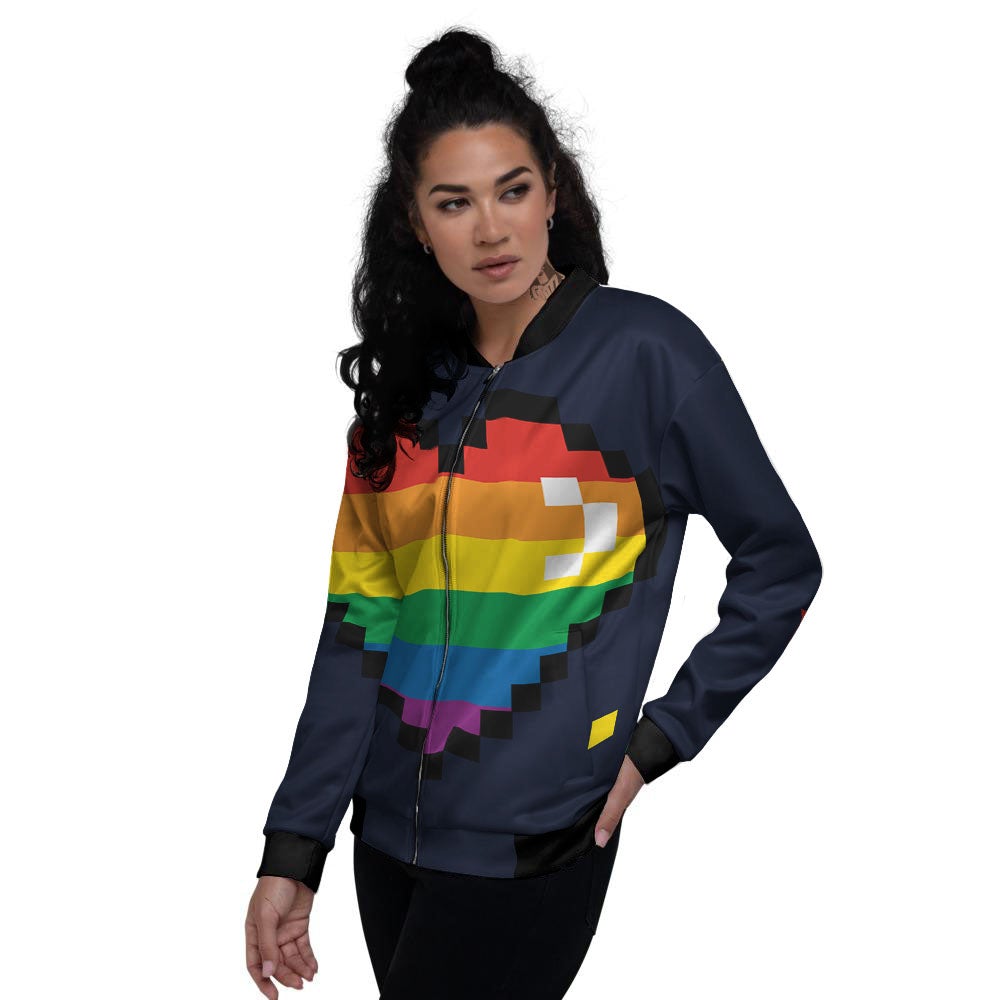 LGBT Pride 8 Bit Rainbow Pixel Heart Women's Bomber Jacket-grizzshop