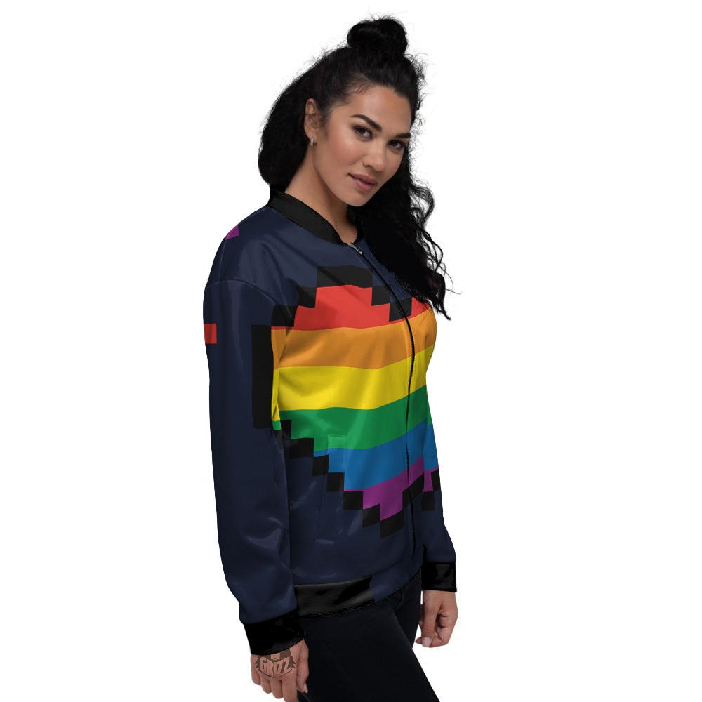 LGBT Pride 8 Bit Rainbow Pixel Heart Women's Bomber Jacket-grizzshop