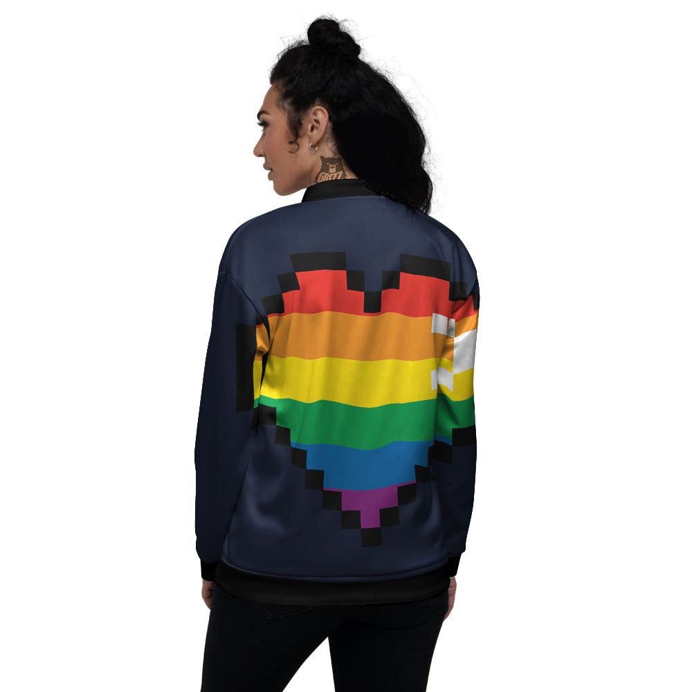 LGBT Pride 8 Bit Rainbow Pixel Heart Women's Bomber Jacket-grizzshop