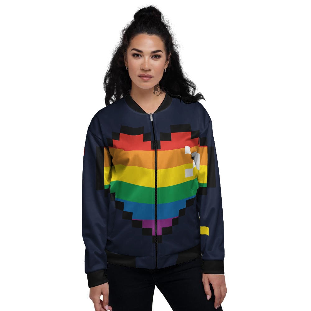 LGBT Pride 8 Bit Rainbow Pixel Heart Women's Bomber Jacket-grizzshop