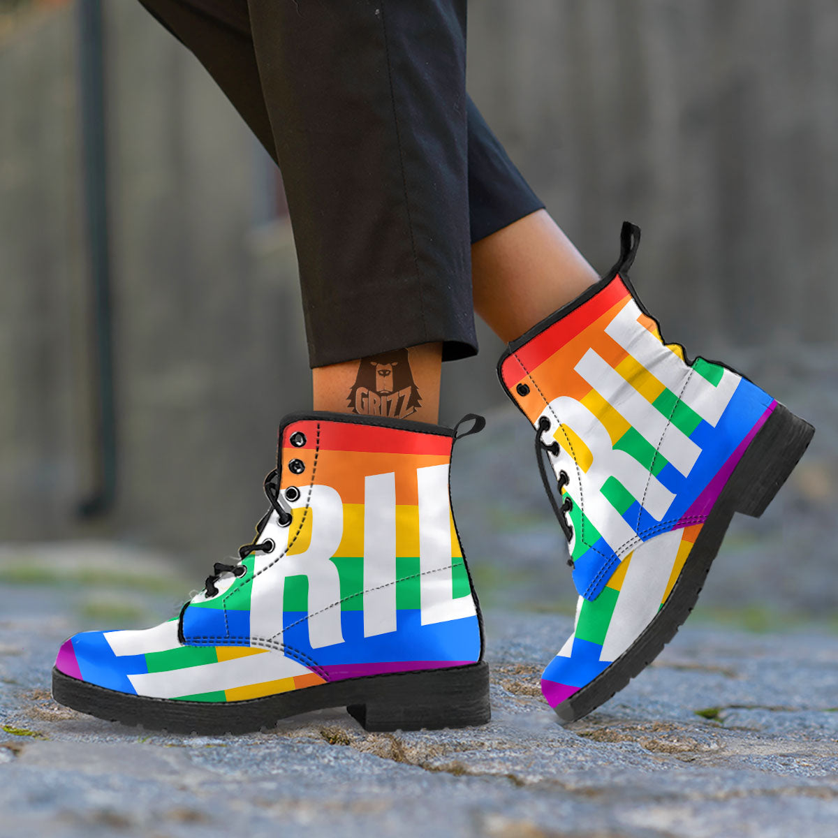 LGBT Pride Flag Pattern Print Leather Boots-grizzshop