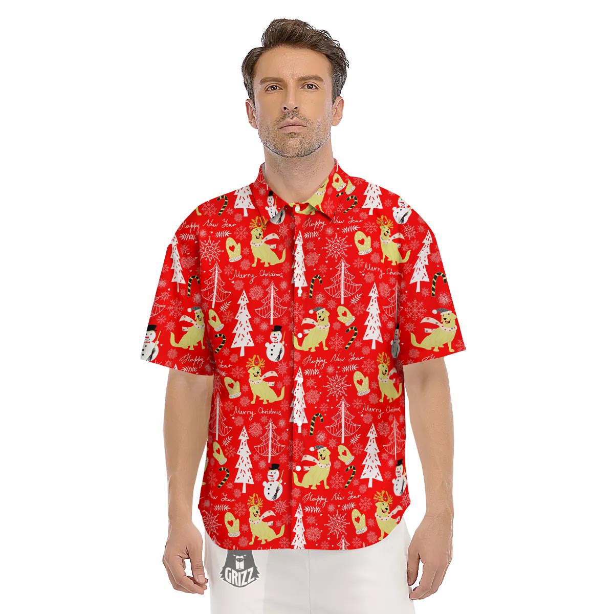 Labrador Retriever Snowman Print Pattern Men's Short Sleeve Shirts-grizzshop