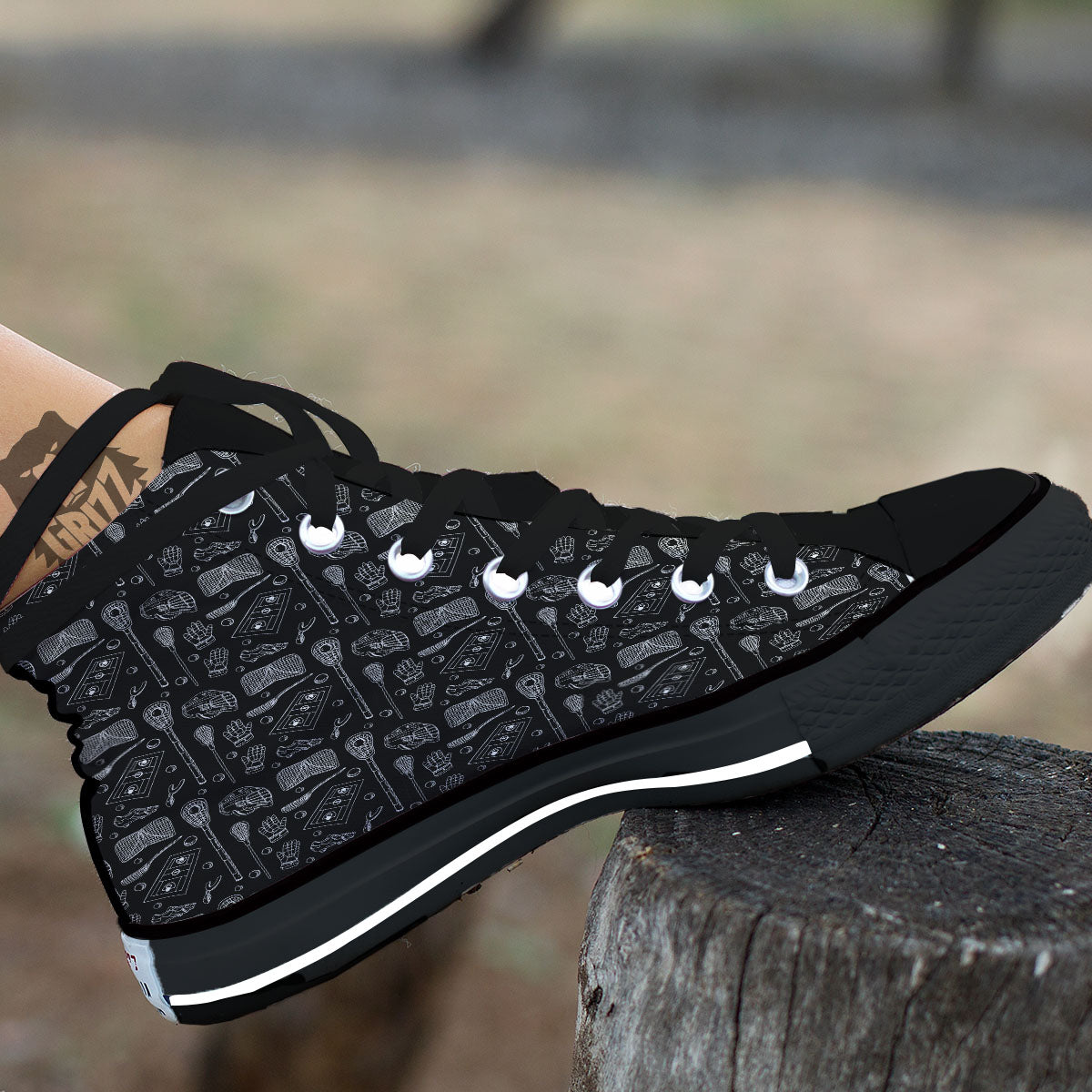 Lacrosse Doodle Print Pattern Black High Top Shoes-grizzshop