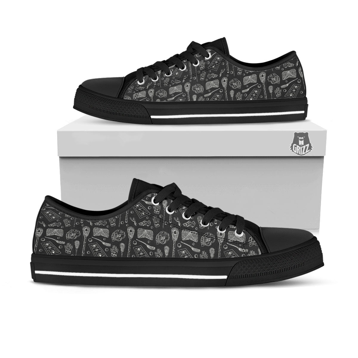 Lacrosse Doodle Print Pattern Black Low Top Shoes-grizzshop