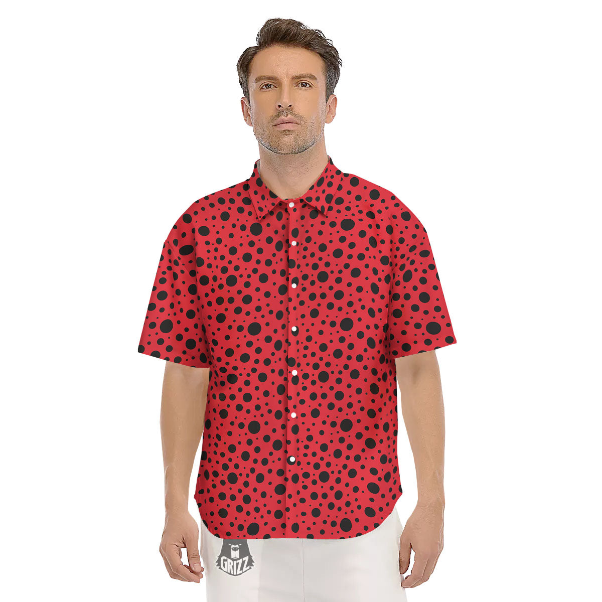 Ladybird Black Spots Print Pattern Men's Short Sleeve Shirts-grizzshop