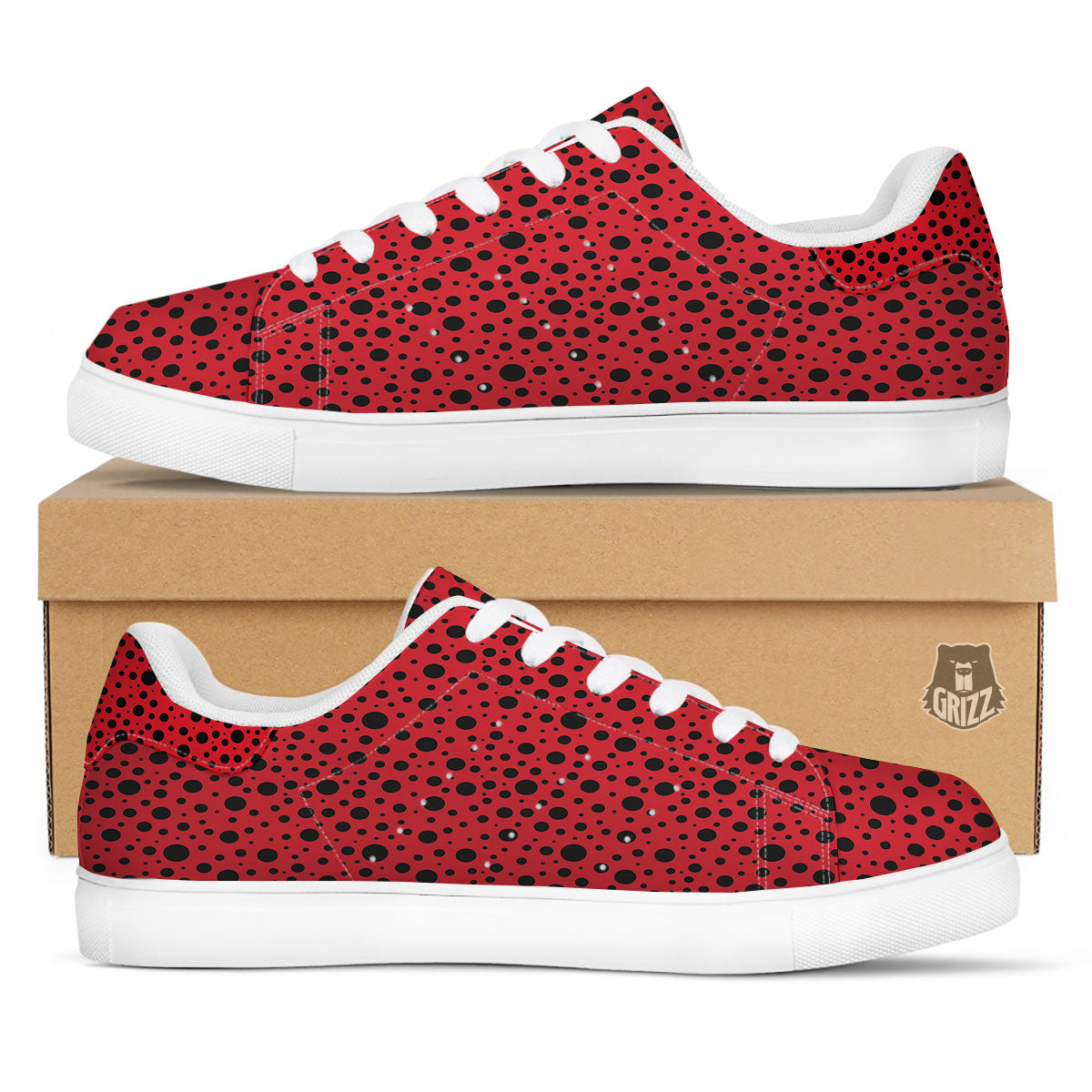 Ladybird Black Spots Print Pattern White Low Top Sneakers-grizzshop