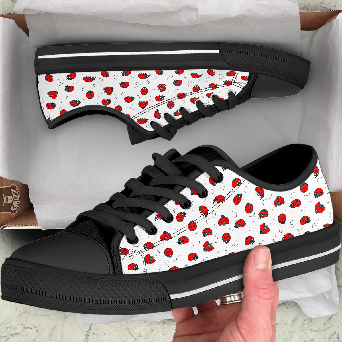 Ladybird Cartoon Print Pattern Black Low Top Shoes-grizzshop