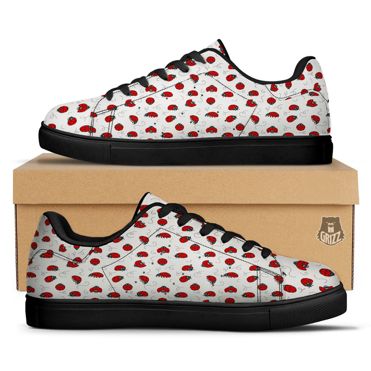 Ladybird Cartoon Print Pattern Black Low Top Sneakers-grizzshop