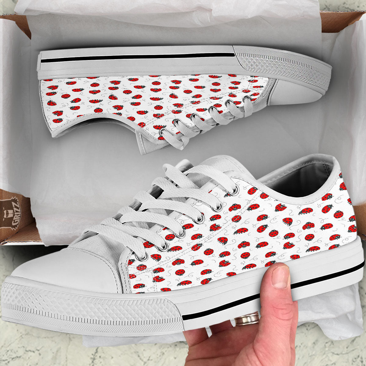Ladybird Cartoon Print Pattern White Low Top Shoes-grizzshop